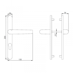 Schéma du kit poignées réduites et plaques aluminium anodisé Zen, entraxe 70 mm, carré de 7 mm