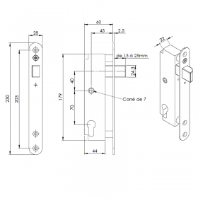 Schéma de la serrure à encastrer axe 45